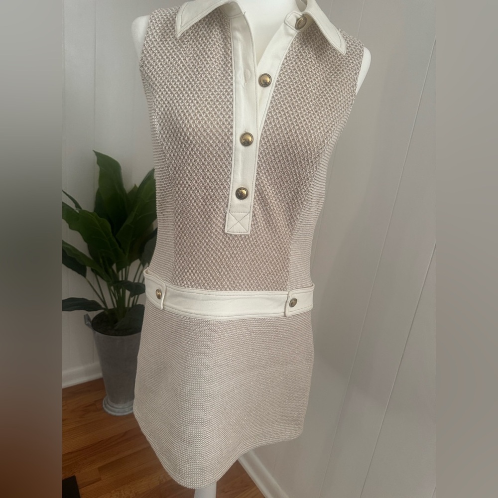 Ramy Brook Knit Polo Mini Dress in Beige and White
